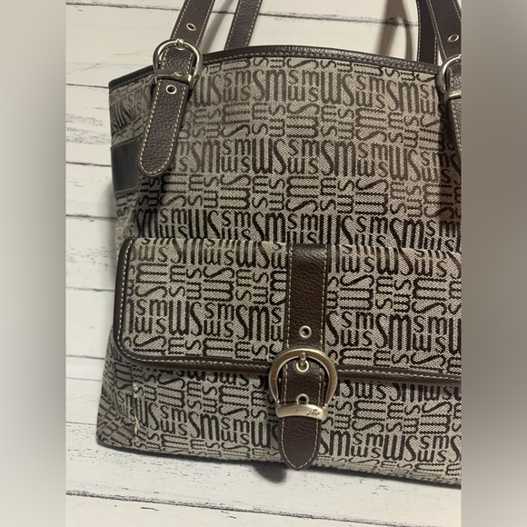 Stone Mountain Monogram Shoulder Tote Bag - Brown Faux Leather, 11.5”x11”x4” - Picture 3 of 12